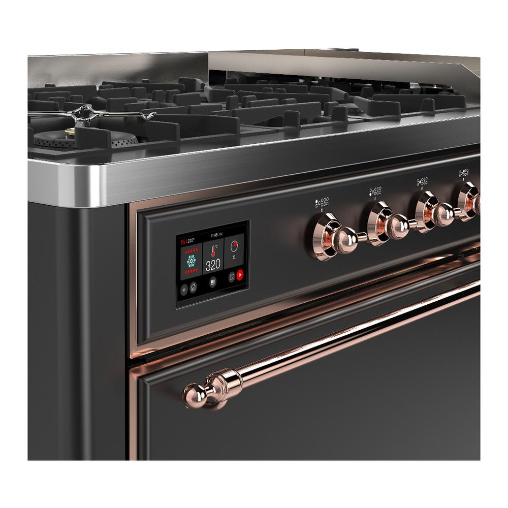 Ilve UM60FQNR3MGPLP Ilve Um60Fqnr3Mgplp Majestic Iii 60 Inch Dual Fuel Range With 9 Burners And Griddle, Dual Function Burner Up To 25,000 Btu (Liquid Propane, Solid Door, Graphite Matte, Copper)