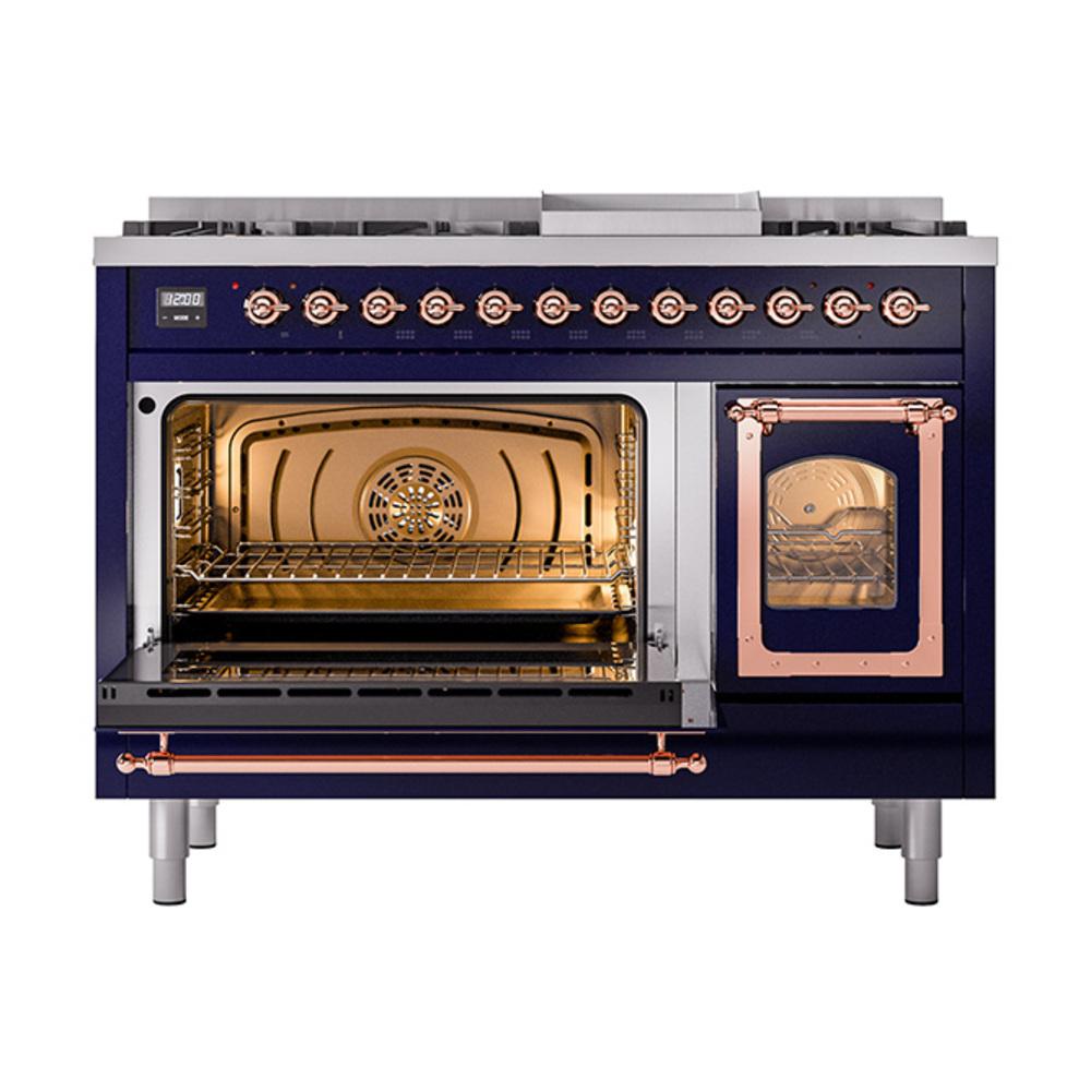 Ilve UN48FNMPMBP Ilve Un48Fnmpmbp Nostalgie Ii Noblesse 48" Dual Fuel Range (8 Sealed Burners + Griddle, Natural Gas, Triple Glass Door, Midnight Blue, Copper)