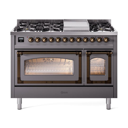 Ilve UN48FNMPMGBLP Ilve Un48Fnmpmgblp Nostalgie Ii Noblesse 48" Dual Fuel Range (8 Sealed Burners + Griddle, Liquid Propane, Triple Glass Door, Graphite Matte, Burnished)