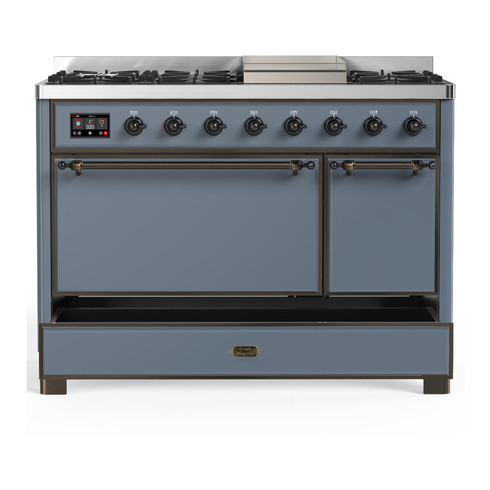 Ilve UM48FQNR3BGB Ilve Um48Fqnr3Bgb Majestic Iii 48 Inch Dual Fuel Range With 8 Burners And Griddle, Dual Function Burner Up To 25,000 Btu (Natural Gas, Solid Door, Blue Grey, Burnished)