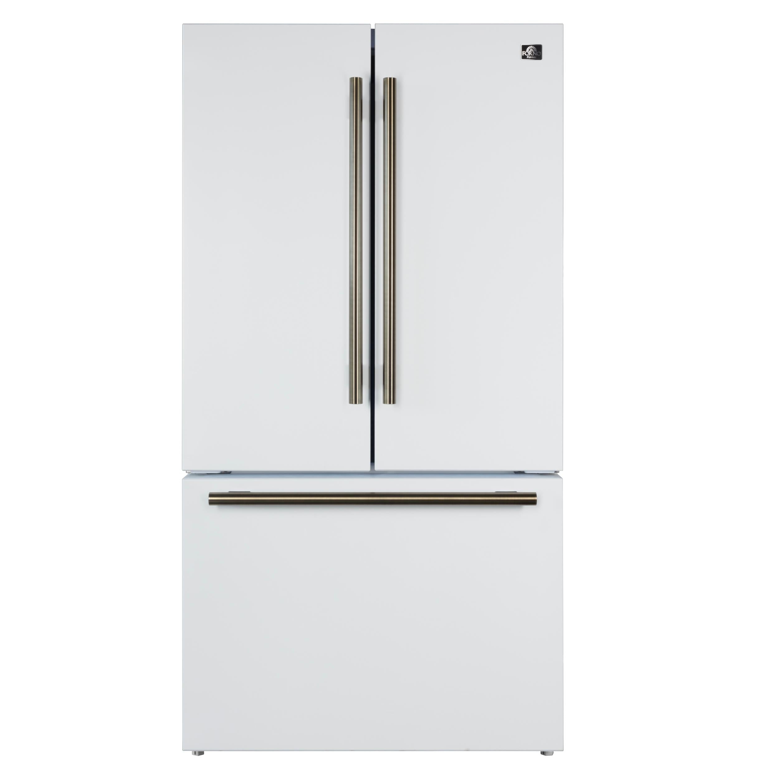 Forno FFFFD178336WHT Forno Rivello 36 Inch French Door Refrigerator In White With Antique Brass, Internal Water Dispenser, Filtered Ice, Adjustable Shelves, Energy Star Certified