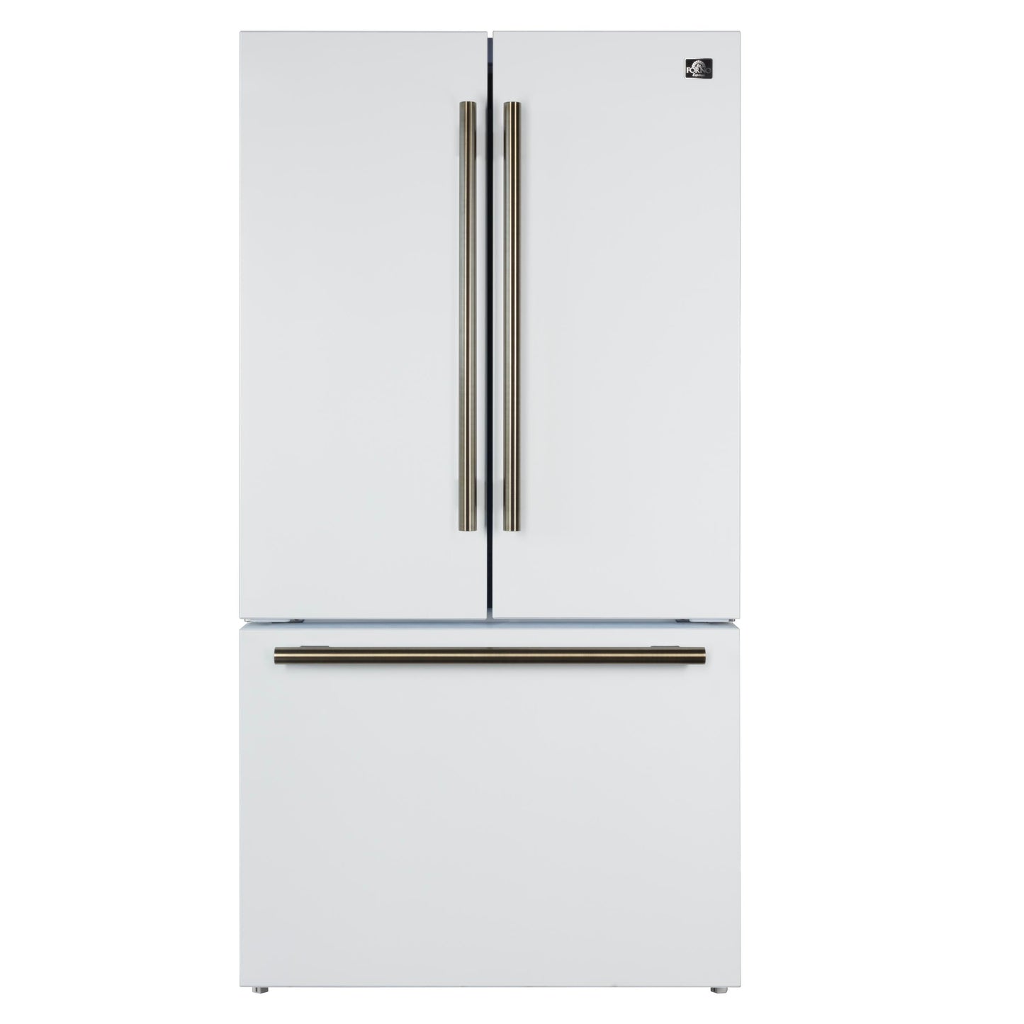 Forno FFFFD178336WHT Forno Rivello 36 Inch French Door Refrigerator In White With Antique Brass, Internal Water Dispenser, Filtered Ice, Adjustable Shelves, Energy Star Certified