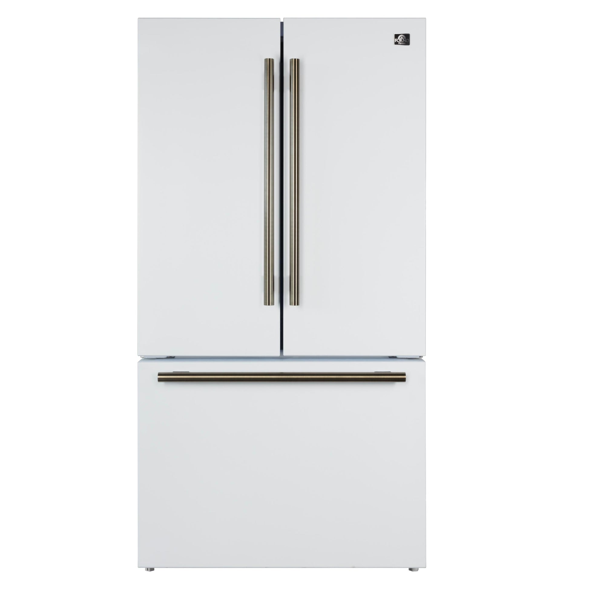 Forno FFFFD178336WHT Forno Rivello 36 Inch French Door Refrigerator In White With Antique Brass, Internal Water Dispenser, Filtered Ice, Adjustable Shelves, Energy Star Certified