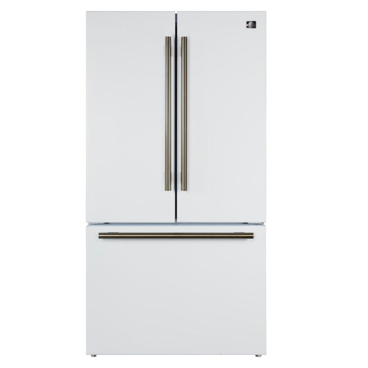 Forno FFFFD178336WHT Forno Rivello 36 Inch French Door Refrigerator In White With Antique Brass, Internal Water Dispenser, Filtered Ice, Adjustable Shelves, Energy Star Certified