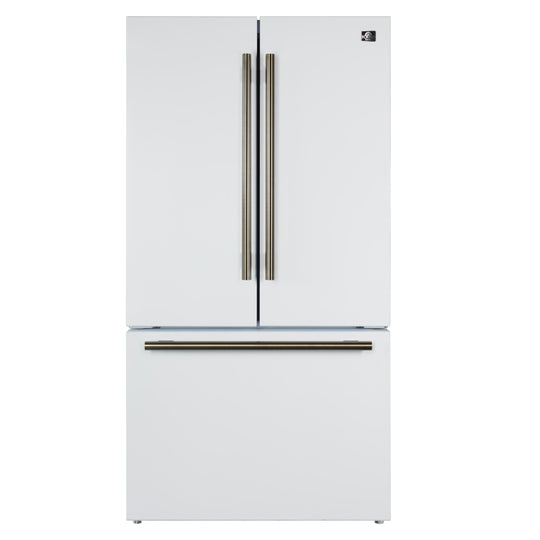 Forno FFFFD178336WHT Forno Rivello 36 Inch French Door Refrigerator In White With Antique Brass, Internal Water Dispenser, Filtered Ice, Adjustable Shelves, Energy Star Certified