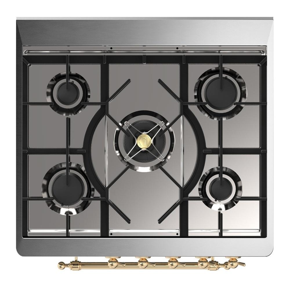 Ilve UM30QNR3WHGLP Ilve Um30Qnr3Whglp Majestic Iii 30 Inch Dual Fuel Range With 5 Black Brass Burners, Dual Function Burner Up To 25,000 Btu (Liquid Propane, Solid Door, White, Brass)