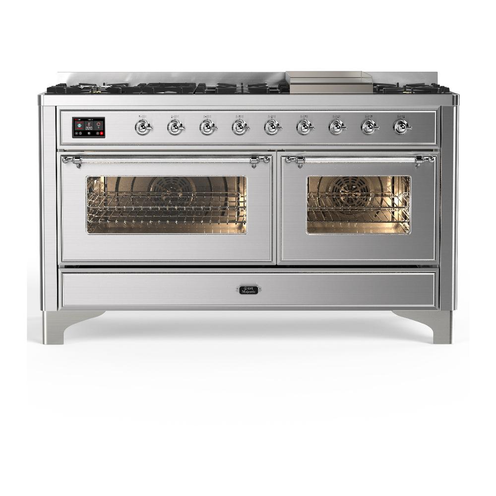 Ilve UM60FNR3SSC Ilve Um60Fnr3Ssc Majestic Iii 60 Inch Dual Fuel Range With 9 Burners And Griddle, Dual Function Burner Up To 25,000 Btu (Natural Gas, Triple Glass Door, Stainless Steel, Chrome)