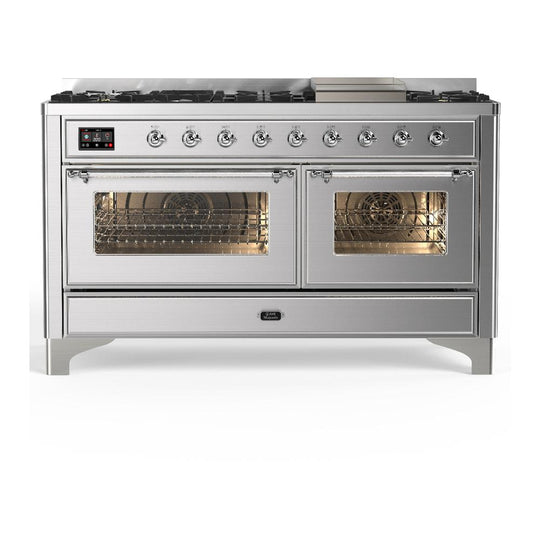 Ilve UM60FNR3SSC Ilve Um60Fnr3Ssc Majestic Iii 60 Inch Dual Fuel Range With 9 Burners And Griddle, Dual Function Burner Up To 25,000 Btu (Natural Gas, Triple Glass Door, Stainless Steel, Chrome)