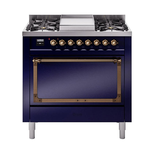 Ilve UN36FQNMPMBB Ilve Un36Fqnmpmbb Nostalgie Ii Noblesse 36" Dual Fuel Range (Natural Gas, Solid Door, Midnight Blue, Burnished)