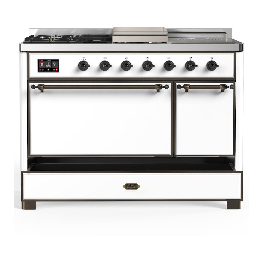 Ilve UM48FSQNR3WHB Ilve Um48Fsqnr3Whb Majestic Iii 48 Inch Dual Fuel Range With 5 Black Brass Burners, Griddle And French Top, Dual Function Burner Up To 25,000 Btu (Natural Gas, Solid Door, White, Burnished)