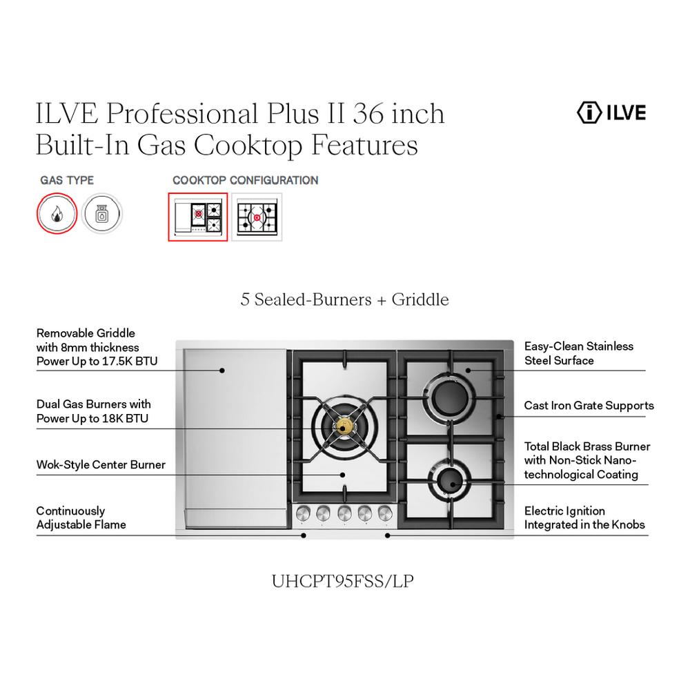 Ilve UHCPT95FSSLP Ilve Uhcpt95Fsslp Professional Plus Ii 36 Inch Built-In Gas Cooktop With Total Black Brass Burners, In Stainless Steel (5 Sealed Burners + Griddle, Liquid Propane)