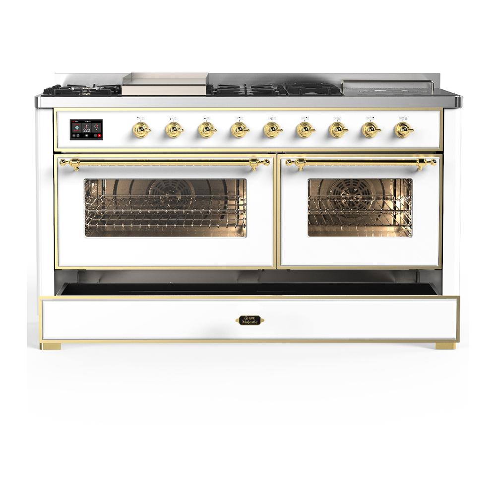 Ilve UM60FSNR3WHG Ilve Um60Fsnr3Whg Majestic Iii 60 Inch Dual Fuel Range With 7 Burners, Griddle And French Top, Dual Function Burner With Up To 25,000 Btu (Natural Gas, Triple Glass Door, White, Brass)