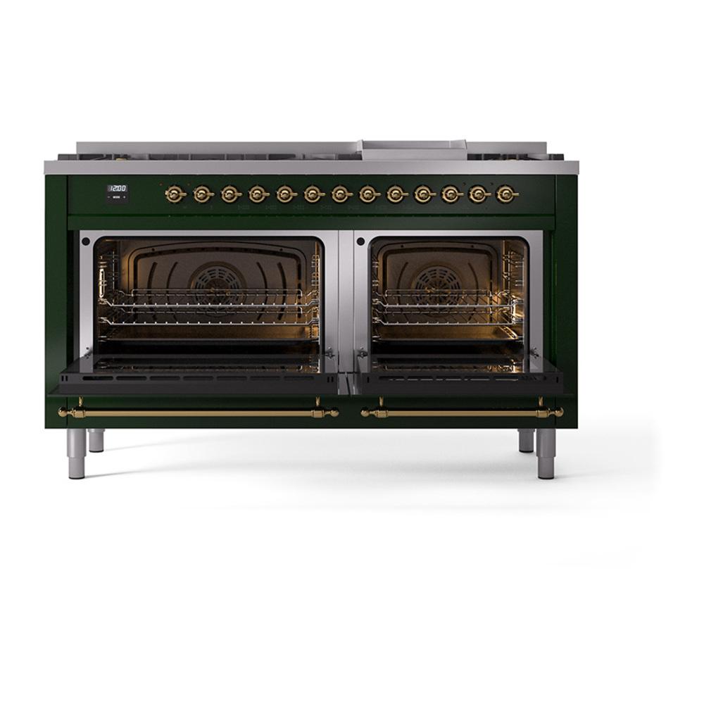 Ilve UN60FNMPEGG Ilve Un60Fnmpegg Nostalgie Ii Noblesse 60" Dual Fuel Range (9 Sealed Burners + Griddle, Natural Gas, Triple Glass Door, Emerald Green, Brass)