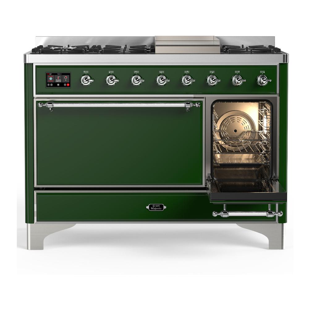 Ilve UM48FQNR3EGC Ilve Um48Fqnr3Egc Majestic Iii 48 Inch Dual Fuel Range With 8 Burners And Griddle, Dual Function Burner Up To 25,000 Btu (Natural Gas, Solid Door, Emerald Green, Chrome)