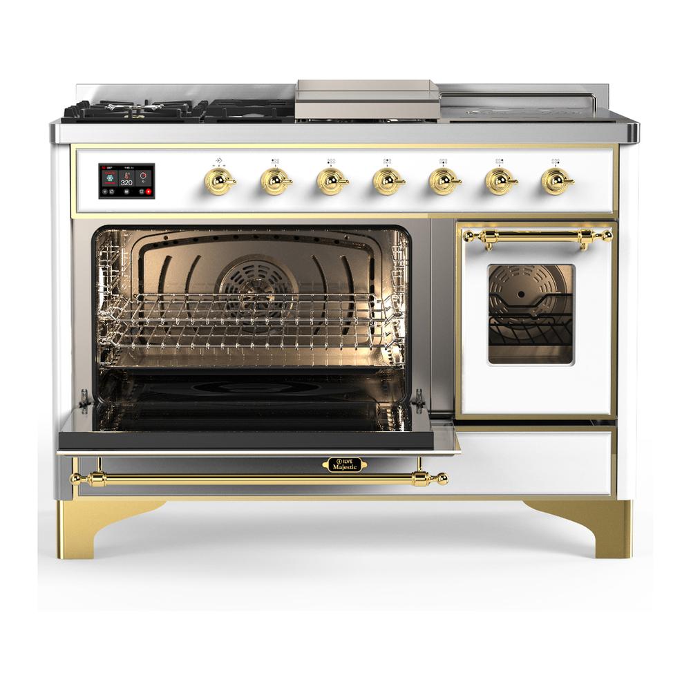 Ilve UM48FSNR3WHG Ilve Um48Fsnr3Whg Majestic Iii 48 Inch Dual Fuel Range With 5 Black Brass Burners, Griddle And French Top, Dual Function Burner Up To 25,000 Btu (Natural Gas, Triple Glass Door, White, Brass)