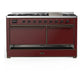 Ilve UM60FQNR3BUB Ilve Um60Fqnr3Bub Majestic Iii 60 Inch Dual Fuel Range With 9 Burners And Griddle, Dual Function Burner Up To 25,000 Btu (Natural Gas, Solid Door, Burgundy, Burnished)