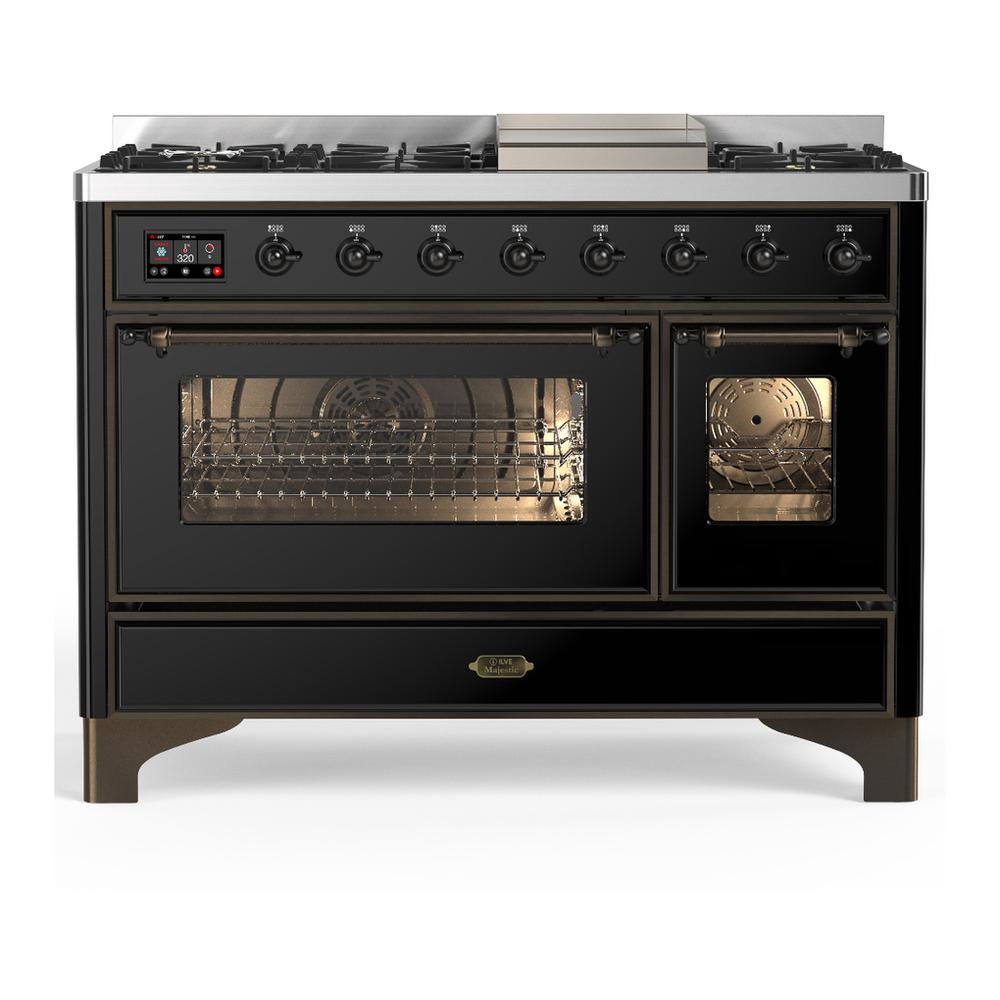 Ilve UM48FNR3BKB Ilve Um48Fnr3Bkb Majestic Iii 48 Inch Dual Fuel Range With 8 Burners And Griddle, Dual Function Burner Up To 25,000 Btu (Natural Gas, Triple Glass Door, Glossy Black, Burnished)