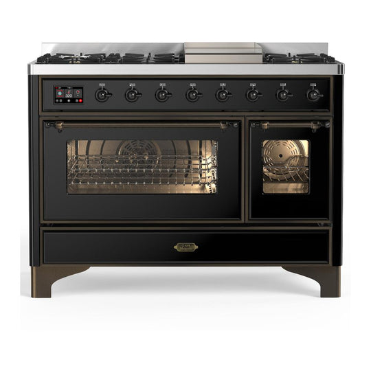 Ilve UM48FNR3BKB Ilve Um48Fnr3Bkb Majestic Iii 48 Inch Dual Fuel Range With 8 Burners And Griddle, Dual Function Burner Up To 25,000 Btu (Natural Gas, Triple Glass Door, Glossy Black, Burnished)