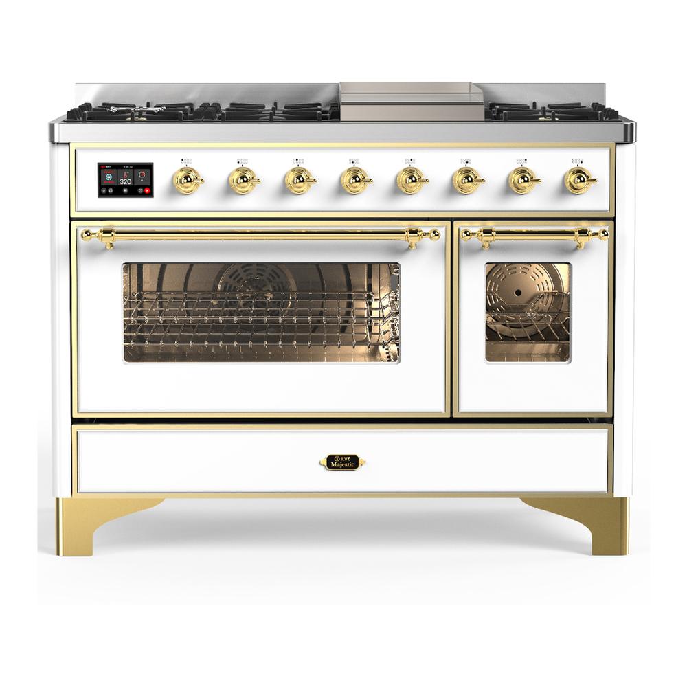 Ilve UM48FNR3WHG Ilve Um48Fnr3Whg Majestic Iii 48 Inch Dual Fuel Range With 8 Burners And Griddle, Dual Function Burner Up To 25,000 Btu (Natural Gas, Triple Glass Door, White, Brass)