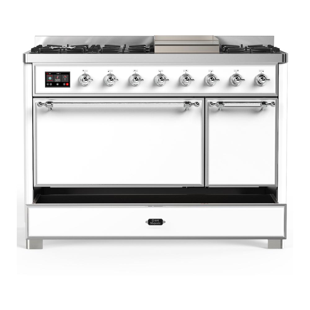 Ilve UM48FQNR3WHCLP Ilve Um48Fqnr3Whclp Majestic Iii 48 Inch Dual Fuel Range With 8 Burners And Griddle, Dual Function Burner Up To 25,000 Btu (Liquid Propane, Solid Door, White, Chrome)