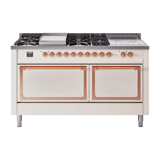 Ilve UN60FSQNMPAWP Ilve Un60Fsqnmpawp Nostalgie Ii Noblesse 60" Dual Fuel Range (7 Sealed Burners + Griddle + French Top, Natural Gas, Solid Door, Antique White, Copper)