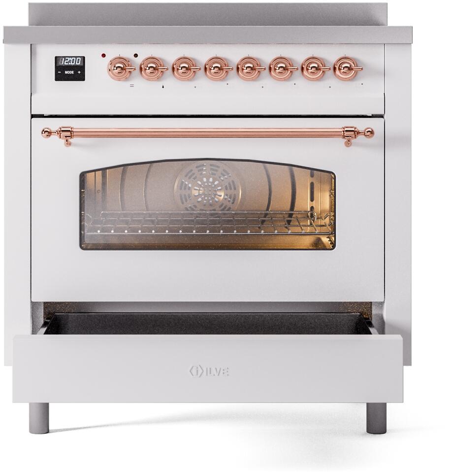 Ilve UPI366NMPWHP Nostalgie Ii 36 Inch Electric Freestanding Range In White With Copper Trim