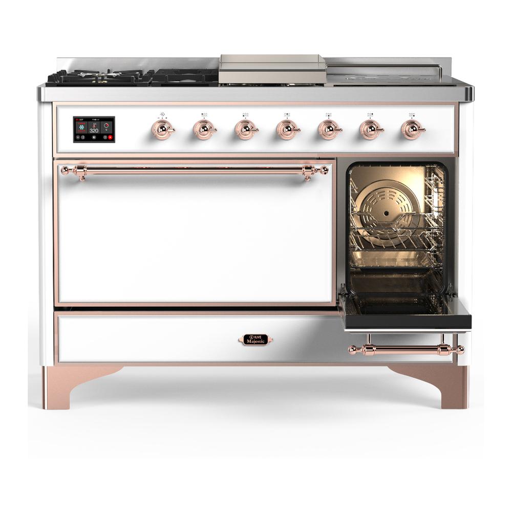 Ilve UM48FSQNR3WHPLP Ilve Um48Fsqnr3Whplp Majestic Iii 48 Inch Dual Fuel Range With 5 Black Brass Burners, Griddle And French Top, Dual Function Burner Up To 25,000 Btu (Liquid Propane, Solid Door, White, Copper)