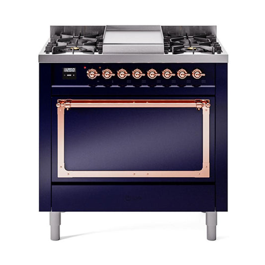 Ilve UN36FQNMPMBPLP Ilve Un36Fqnmpmbplp Nostalgie Ii Noblesse 36" Dual Fuel Range (Liquid Propane, Solid Door, Midnight Blue, Copper)