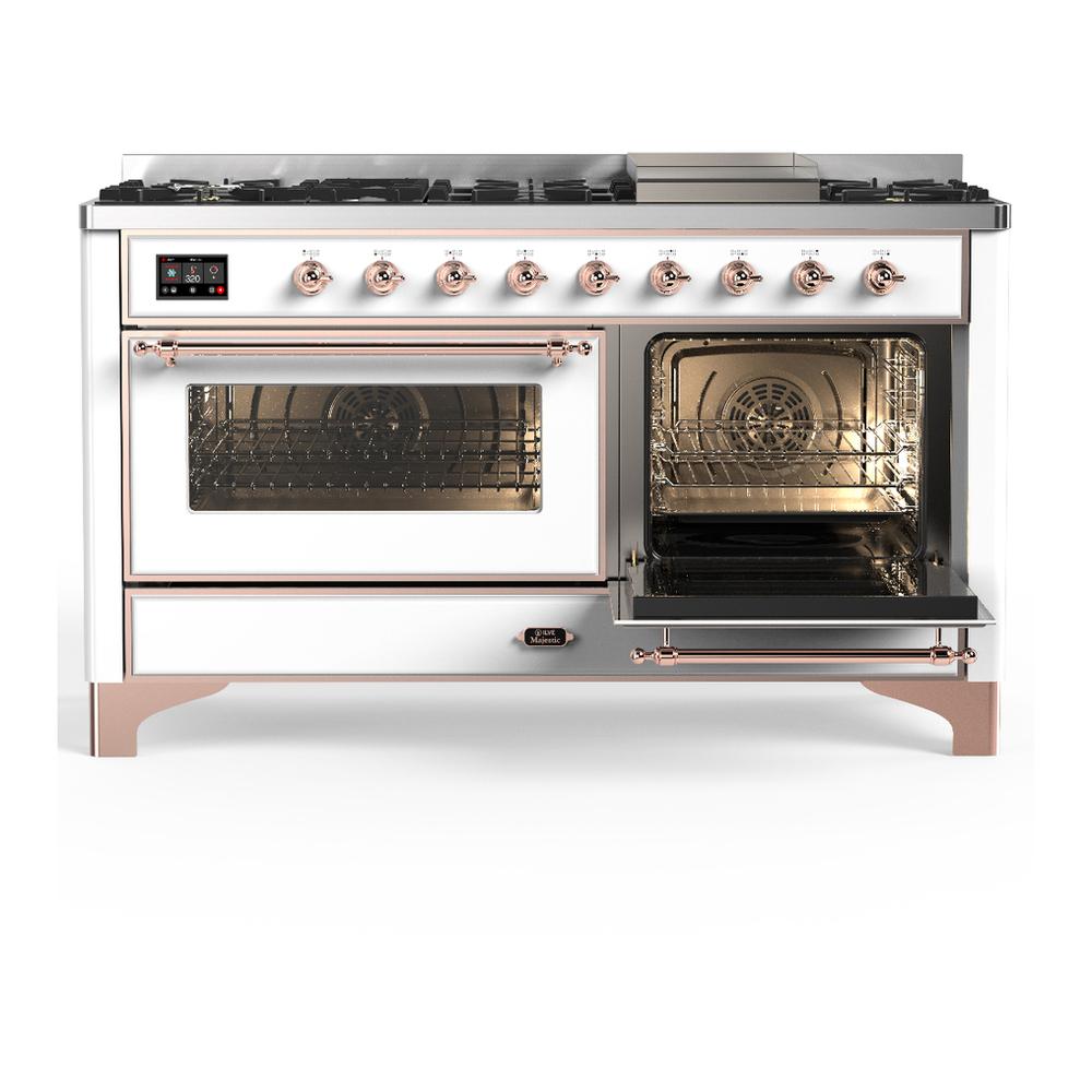 Ilve UM60FNR3WHPLP Ilve Um60Fnr3Whplp Majestic Iii 60 Inch Dual Fuel Range With 9 Burners And Griddle, Dual Function Burner Up To 25,000 Btu (Liquid Propane, Triple Glass Door, White, Copper)