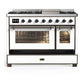 Ilve UM48FNR3WHBLP Ilve Um48Fnr3Whblp Majestic Iii 48 Inch Dual Fuel Range With 8 Burners And Griddle, Dual Function Burner Up To 25,000 Btu (Liquid Propane, Triple Glass Door, White, Burnished)