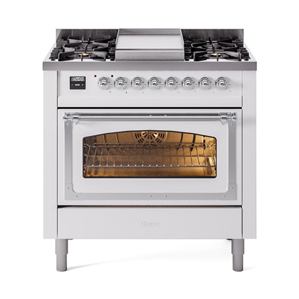 Ilve UN36FNMPWHC Ilve Un36Fnmpwhc Nostalgie Ii Noblesse 36" Dual Fuel Range (Natural Gas, Triple Glass Door, White, Chrome)