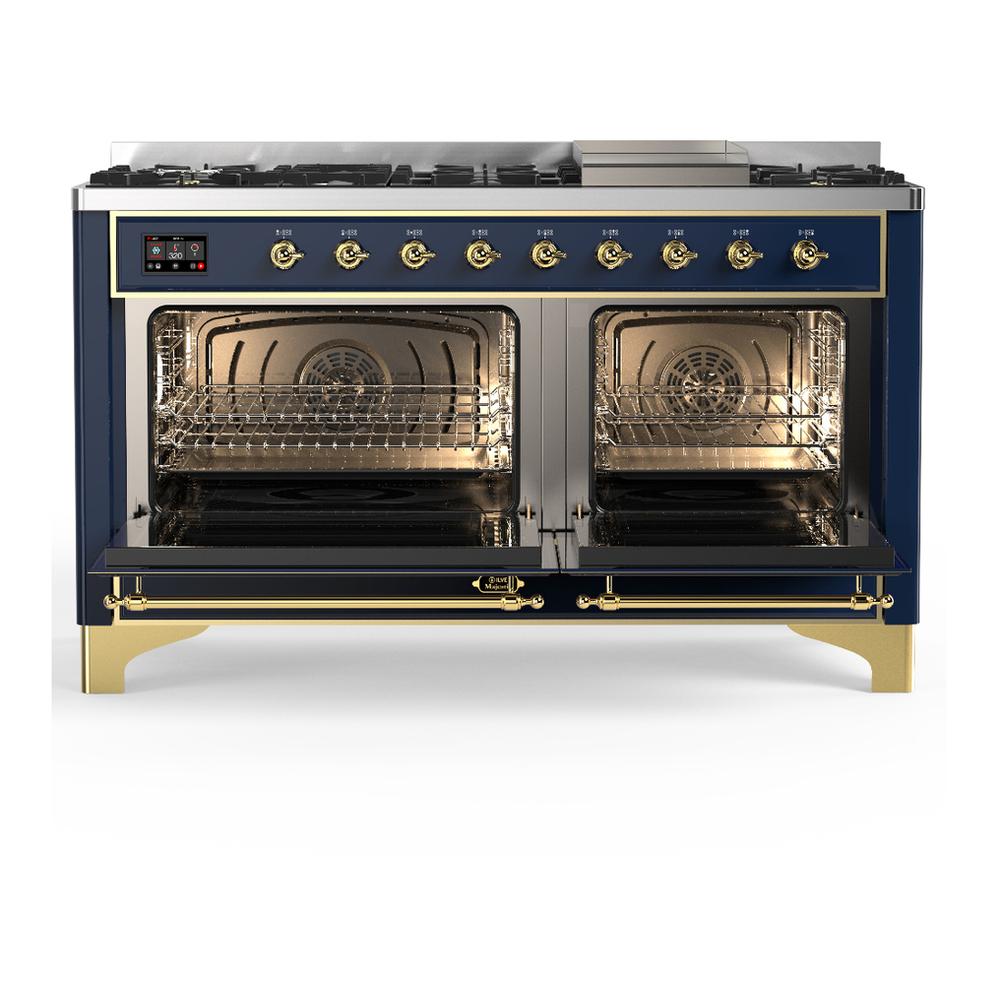 Ilve UM60FQNR3MBGLP Ilve Um60Fqnr3Mbglp Majestic Iii 60 Inch Dual Fuel Range With 9 Burners And Griddle, Dual Function Burner Up To 25,000 Btu (Liquid Propane, Solid Door, Midnight Blue, Brass)