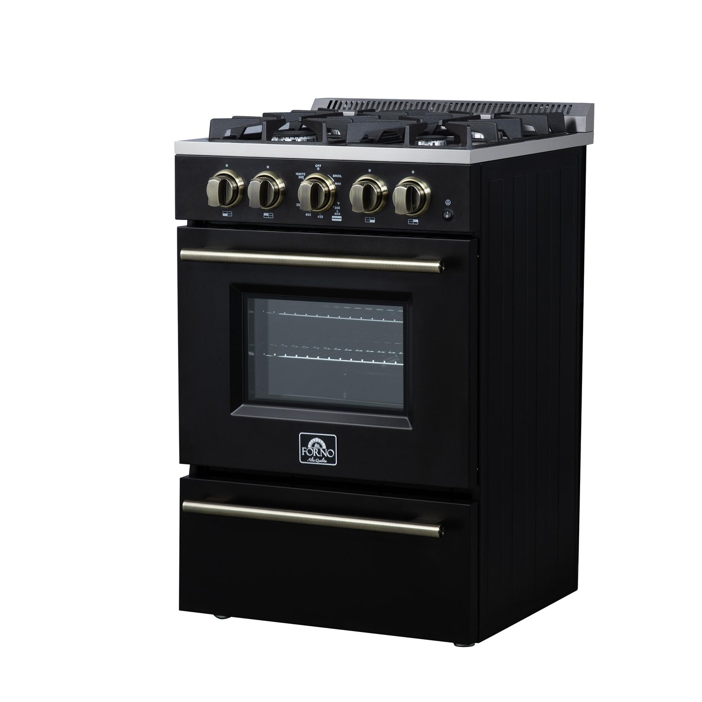 Forno FFSGS627224BLK Forno Breno 24 Inch Freestanding Gas Range In Black With Antique Brass, Compact Design