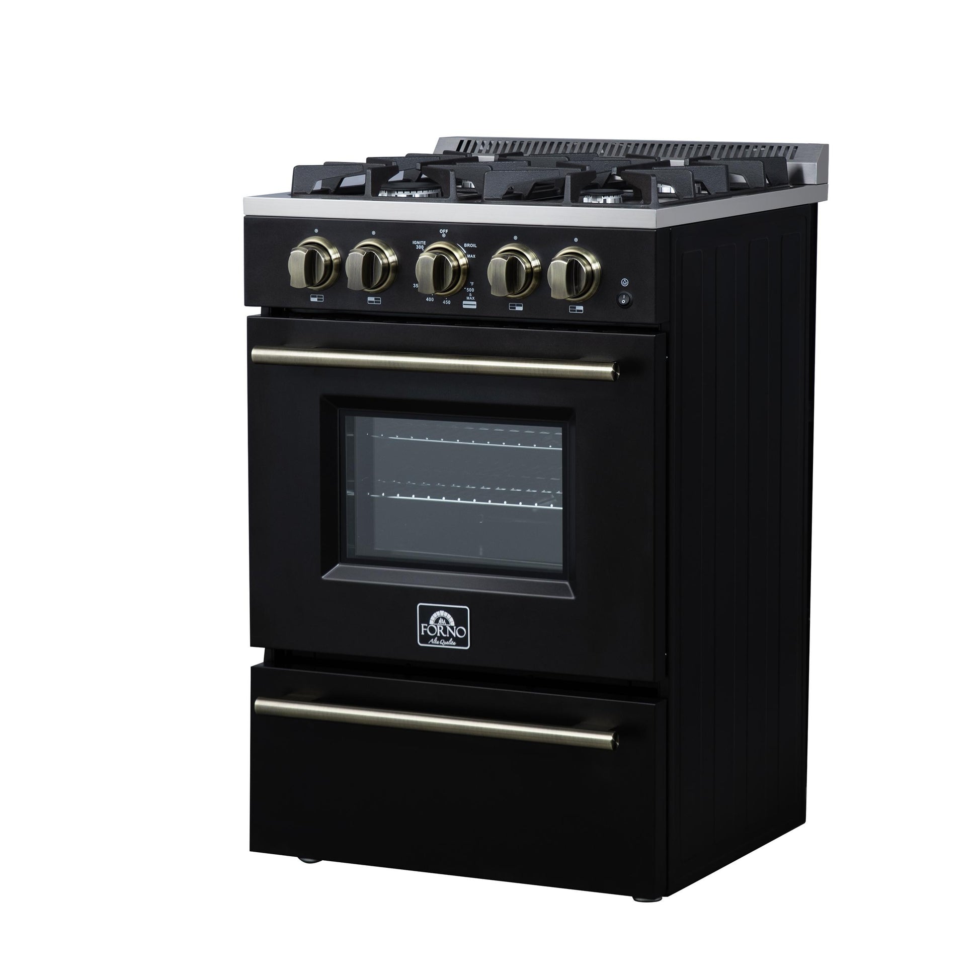 Forno FFSGS627224BLK Forno Breno 24 Inch Freestanding Gas Range In Black With Antique Brass, Compact Design