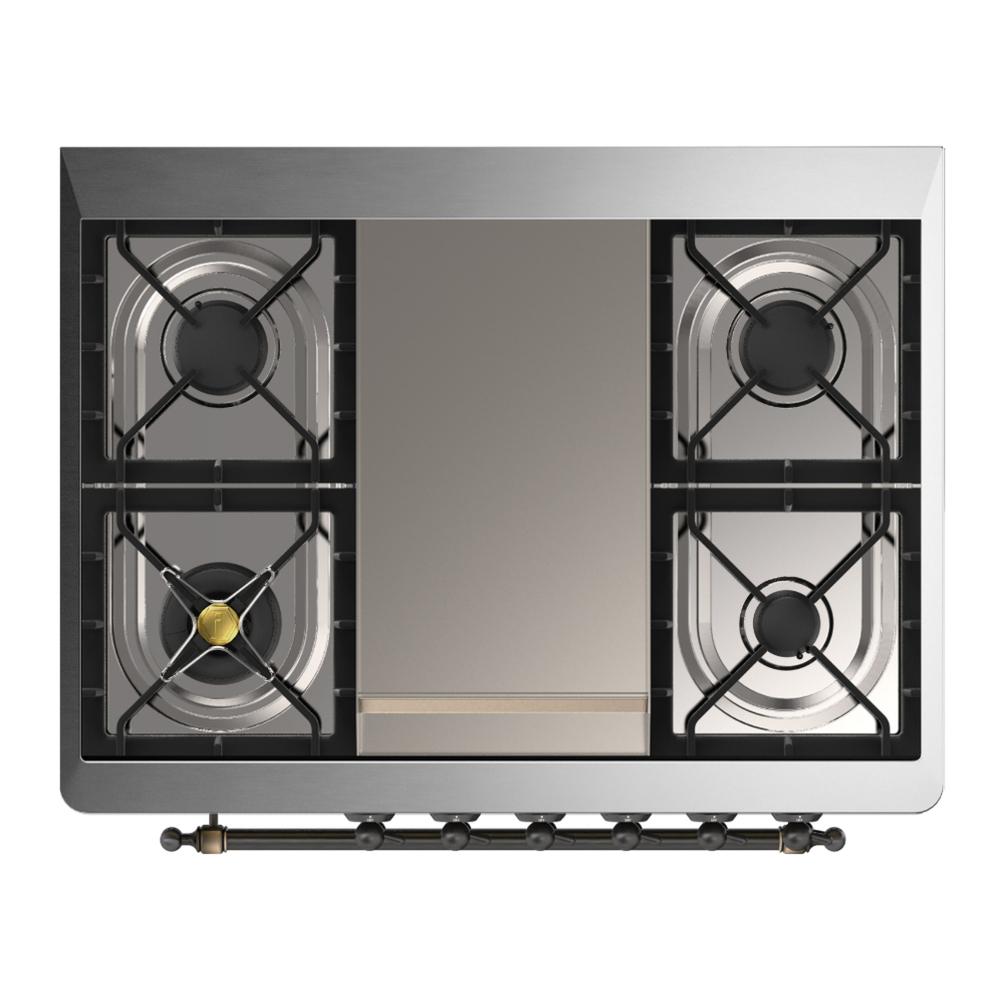 Ilve UM36FQNR3BGB Ilve Um36Fqnr3Bgb Majestic Iii 36 Inch Dual Fuel Range With 6 Black Brass Burners And Griddle, Dual Function Burner Up To 25,000 Btu (Solid Door, Blue Grey, Burnished, Natural Gas)