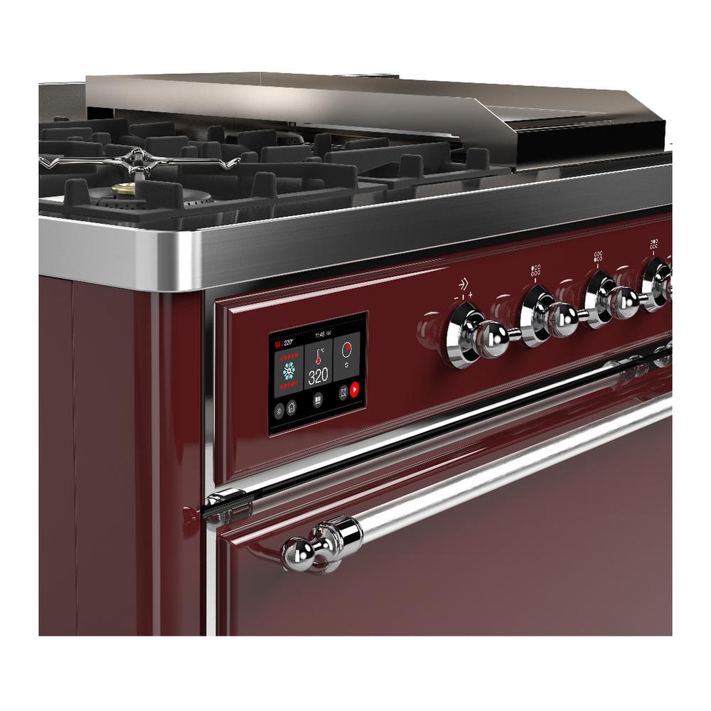 Ilve UM48FSQNR3BUCLP Ilve Um48Fsqnr3Buclp Majestic Iii 48 Inch Dual Fuel Range With 5 Black Brass Burners, Griddle And French Top, Dual Function Burner Up To 25,000 Btu (Liquid Propane, Solid Door, Burgundy, Chrome)