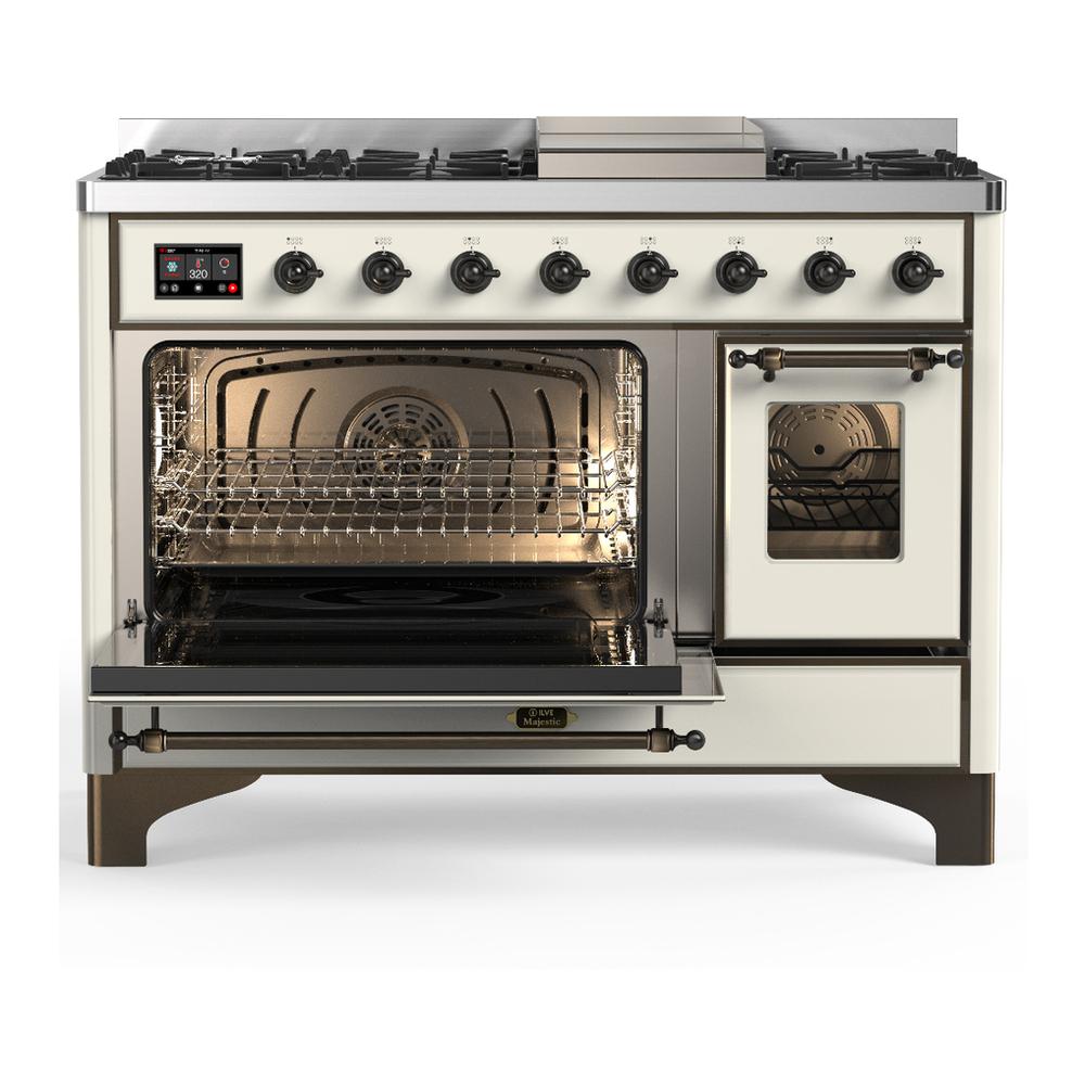 Ilve UM48FNR3AWB Ilve Um48Fnr3Awb Majestic Iii 48 Inch Dual Fuel Range With 8 Burners And Griddle, Dual Function Burner Up To 25,000 Btu (Natural Gas, Triple Glass Door, Antique White, Burnished)