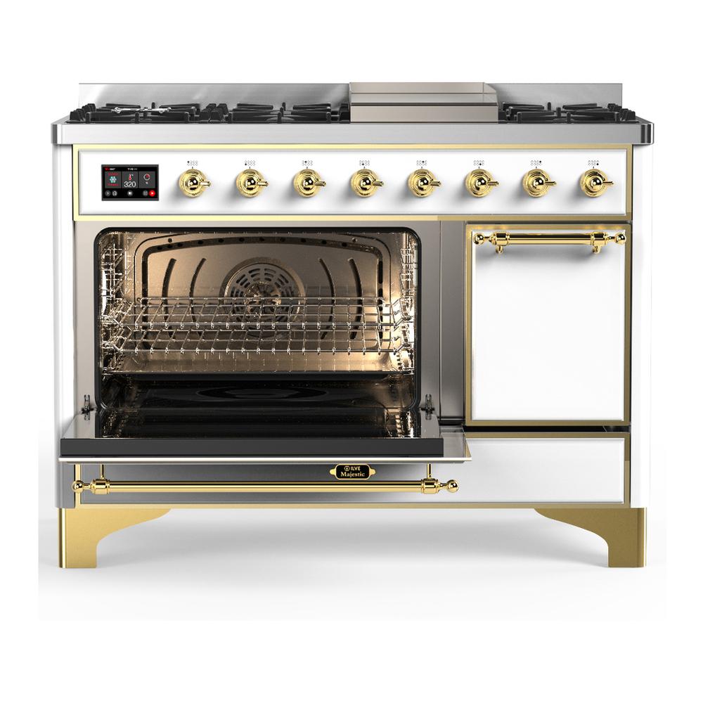 Ilve UM48FQNR3WHG Ilve Um48Fqnr3Whg Majestic Iii 48 Inch Dual Fuel Range With 8 Burners And Griddle, Dual Function Burner Up To 25,000 Btu (Natural Gas, Solid Door, White, Brass)