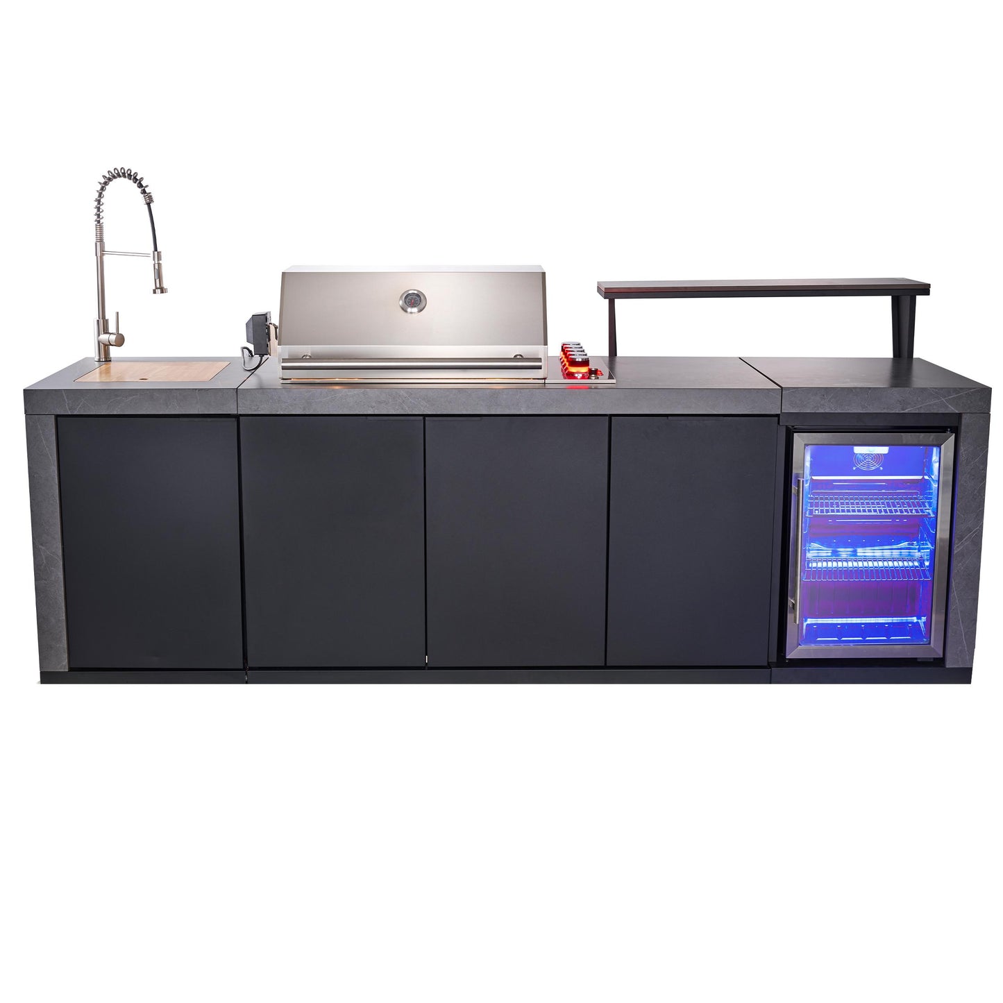 Forno FODKT2544BLK Forno Rimini Outdoor Kitchen 30" Bbq 62,600 Btu, 3 Burners With Sear & Rotisserie, 2.4 Cu.Ft. Beverage Center, Stainless Steel Sink, Black Cabinets & Gray Sintered Stone Countertop