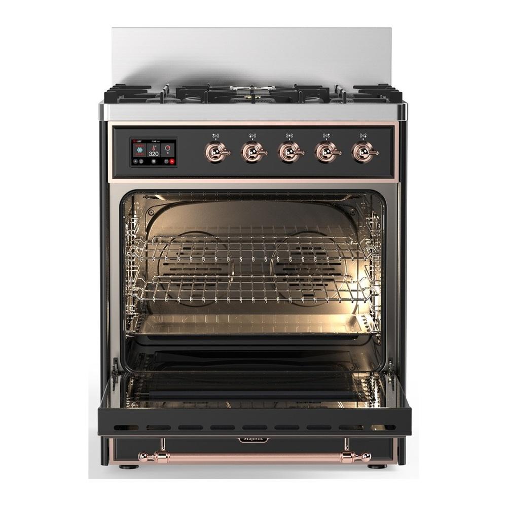 Ilve UM30QNR3MGPLP Ilve Um30Qnr3Mgplp Majestic Iii 30 Inch Dual Fuel Range With 5 Black Brass Burners, Dual Function Burner Up To 25,000 Btu (Liquid Propane, Solid Door, Graphite Matte, Copper)