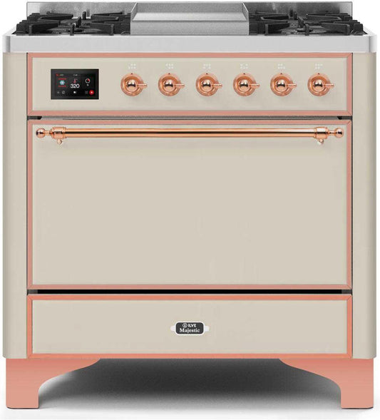 Ilve UM09FDQNS3AWPLP Majestic Ii 36 Inch Dual Fuel Liquid Propane Freestanding Range In Antique White With Copper Trim