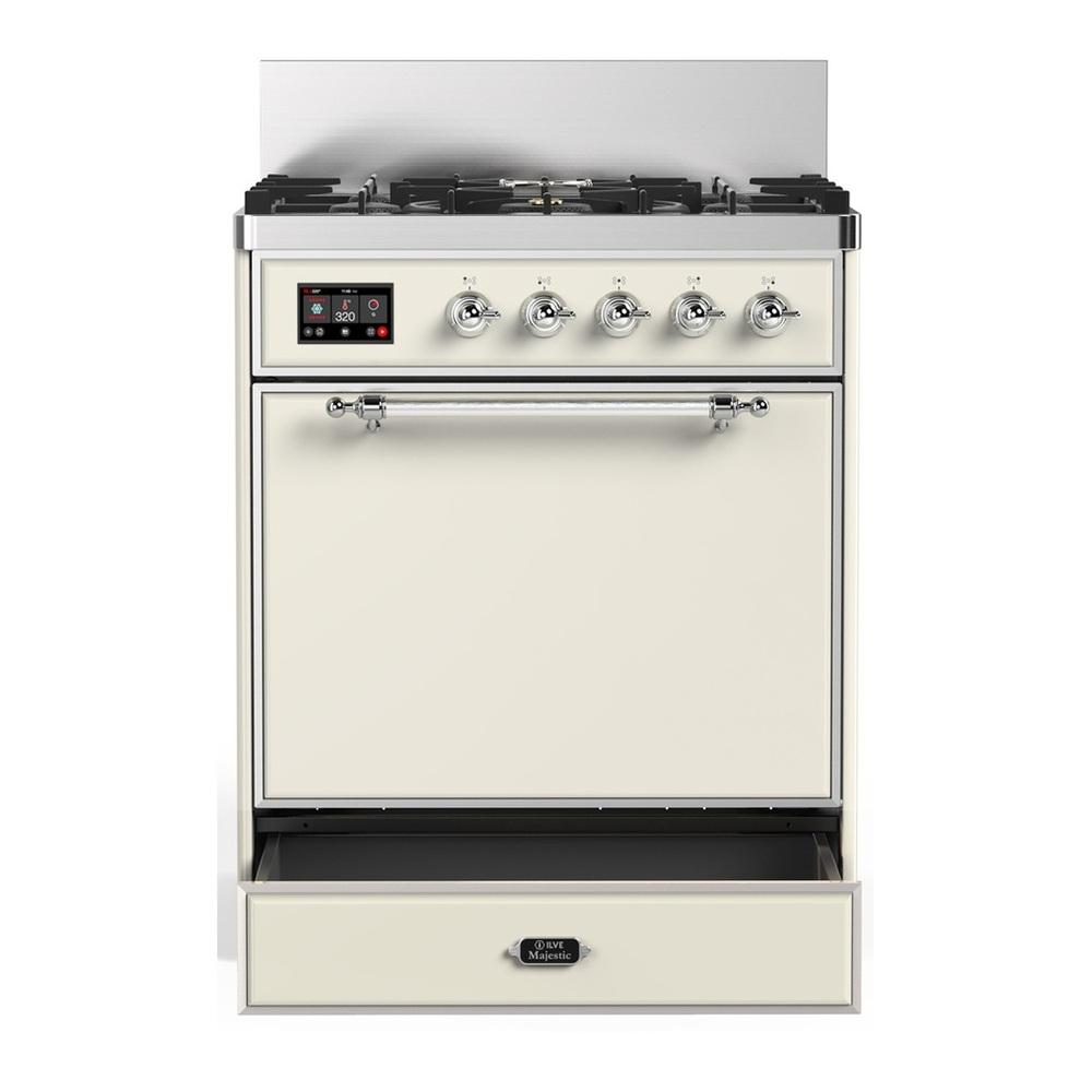 Ilve UM30QNR3AWCLP Ilve Um30Qnr3Awclp Majestic Iii 30 Inch Dual Fuel Range With 5 Black Brass Burners, Dual Function Burner Up To 25,000 Btu (Liquid Propane, Solid Door, Antique White, Chrome)