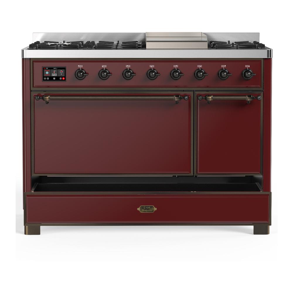 Ilve UM48FQNR3BUBLP Ilve Um48Fqnr3Bublp Majestic Iii 48 Inch Dual Fuel Range With 8 Burners And Griddle, Dual Function Burner Up To 25,000 Btu (Liquid Propane, Solid Door, Burgundy, Burnished)