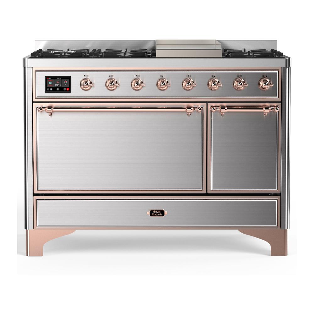 Ilve UM48FQNR3SSP Ilve Um48Fqnr3Ssp Majestic Iii 48 Inch Dual Fuel Range With 8 Burners And Griddle, Dual Function Burner Up To 25,000 Btu (Natural Gas, Solid Door, Stainless Steel, Copper)