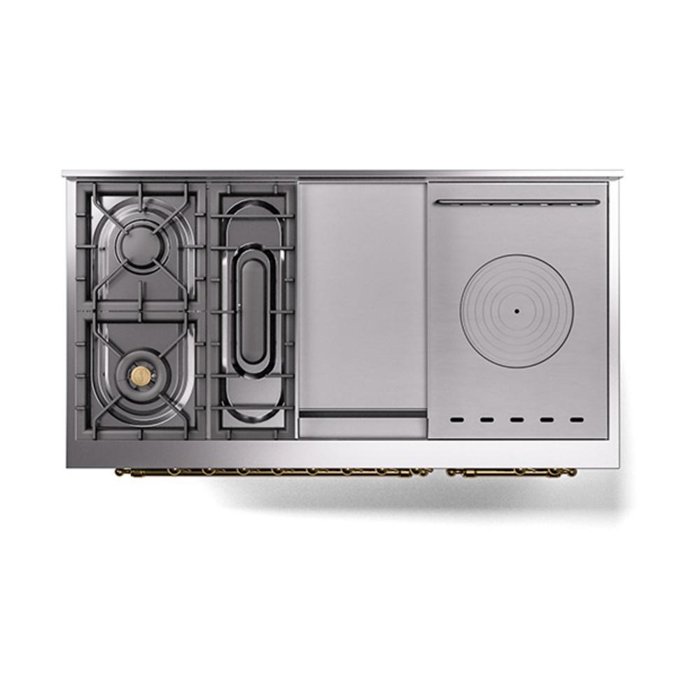 Ilve UN48FSQNMPSSG Ilve Un48Fsqnmpssg Nostalgie Ii Noblesse 48" Dual Fuel Range (5 Sealed Burners + Griddle + French Top, Natural Gas, Solid Door, Stainless Steel, Brass)