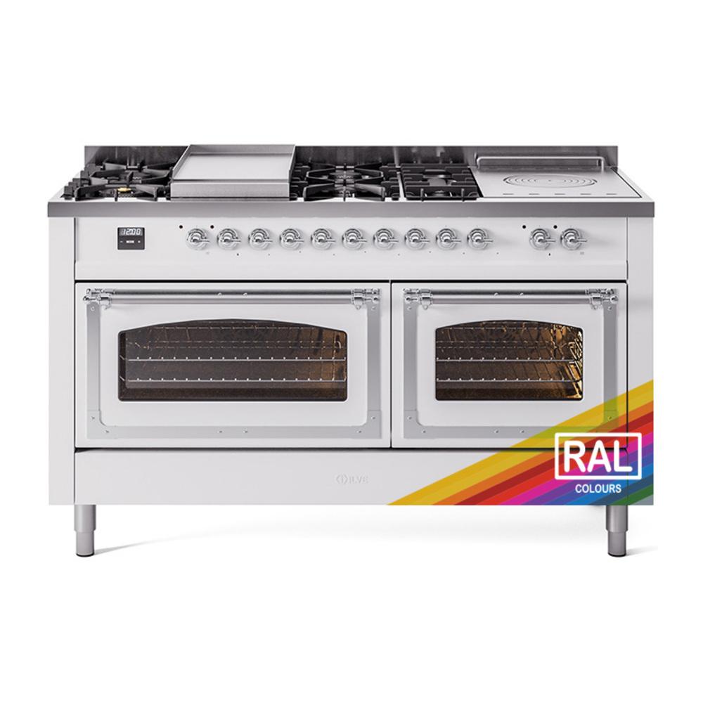 Ilve UN60FSNMPRAC Ilve Un60Fsnmprac Nostalgie Ii Noblesse 60" Dual Fuel Range (7 Sealed Burners + Griddle + French Top, Natural Gas, Triple Glass Door, Ral, Chrome)