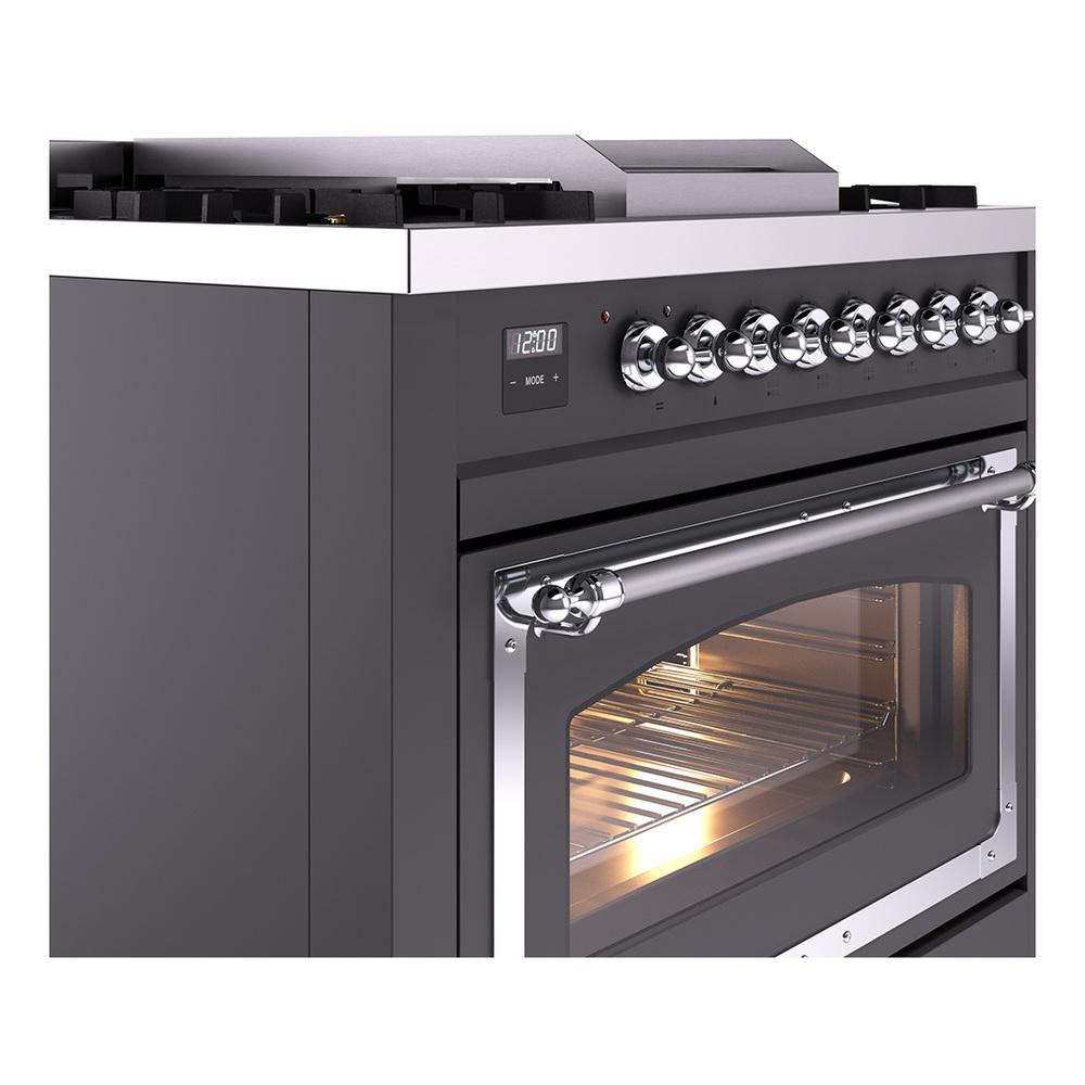 Ilve UN36FNMPMGC Ilve Un36Fnmpmgc Nostalgie Ii Noblesse 36" Dual Fuel Range (Natural Gas, Triple Glass Door, Graphite Matte, Chrome)