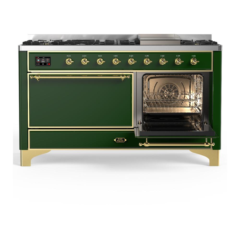 Ilve UM60FQNR3EGGLP Ilve Um60Fqnr3Egglp Majestic Iii 60 Inch Dual Fuel Range With 9 Burners And Griddle, Dual Function Burner Up To 25,000 Btu (Liquid Propane, Solid Door, Emerald Green, Brass)