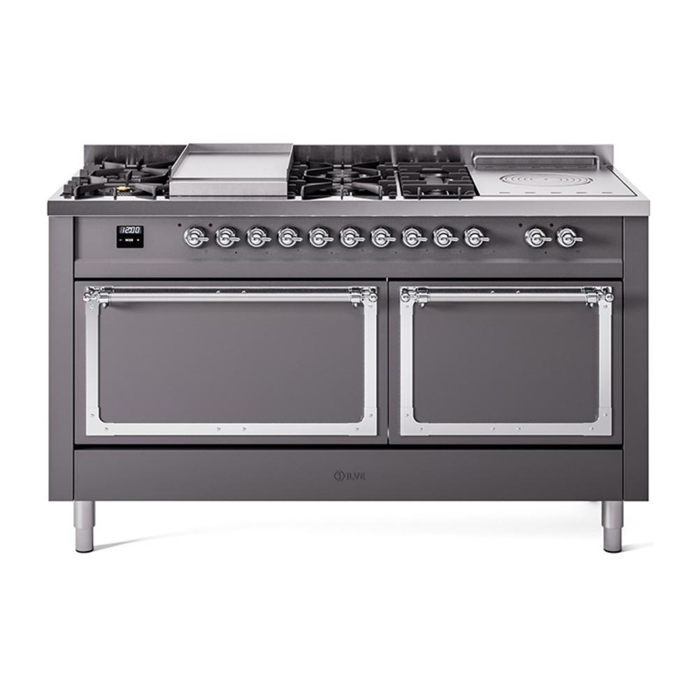 Ilve UN60FSQNMPMGC Ilve Un60Fsqnmpmgc Nostalgie Ii Noblesse 60" Dual Fuel Range (7 Sealed Burners + Griddle + French Top, Natural Gas, Solid Door, Graphite Matte, Chrome)