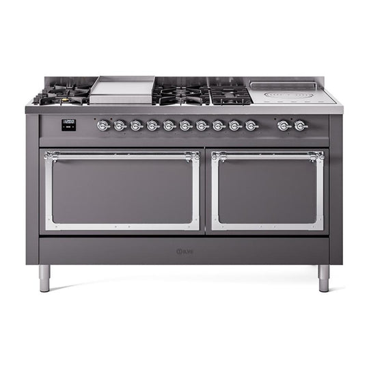 Ilve UN60FSQNMPMGC Ilve Un60Fsqnmpmgc Nostalgie Ii Noblesse 60" Dual Fuel Range (7 Sealed Burners + Griddle + French Top, Natural Gas, Solid Door, Graphite Matte, Chrome)